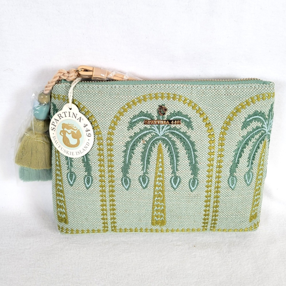 Spartina 449 Womens Carina Wristlet Clutch Tropical Palms Embroidered Green